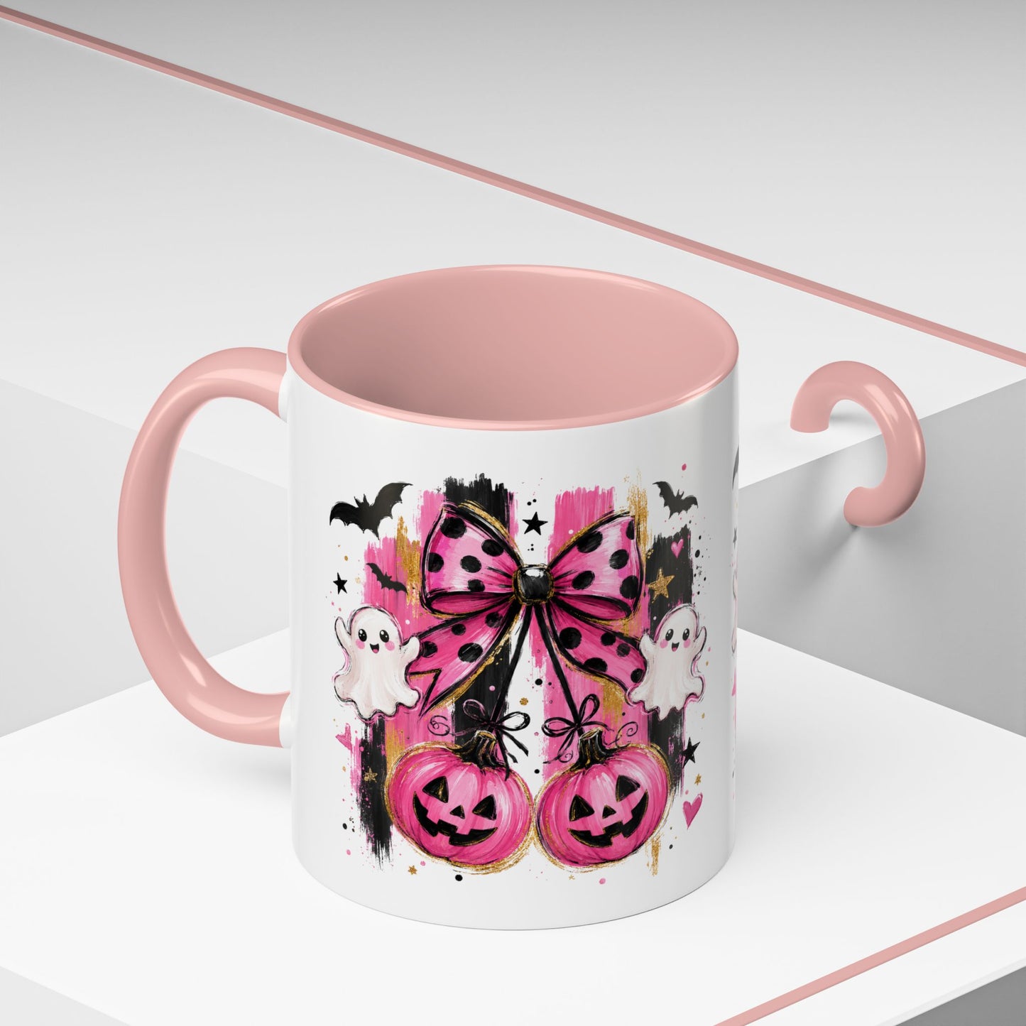Halloween Pink Pumpkin Coffee Mug — Cute Ghosts & Bow Accent Mug (11/15oz)