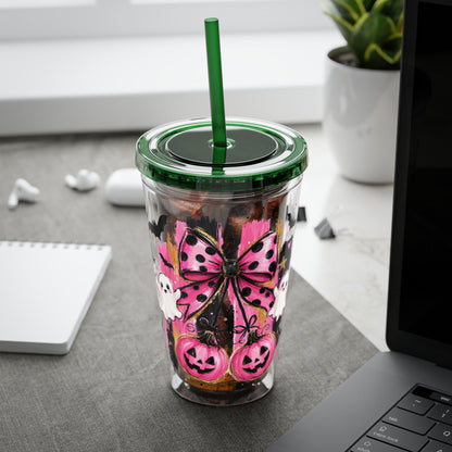 Halloween Pink Ghost Tumbler with Straw — 16oz Cute Pumpkin & Bow Drink Cup