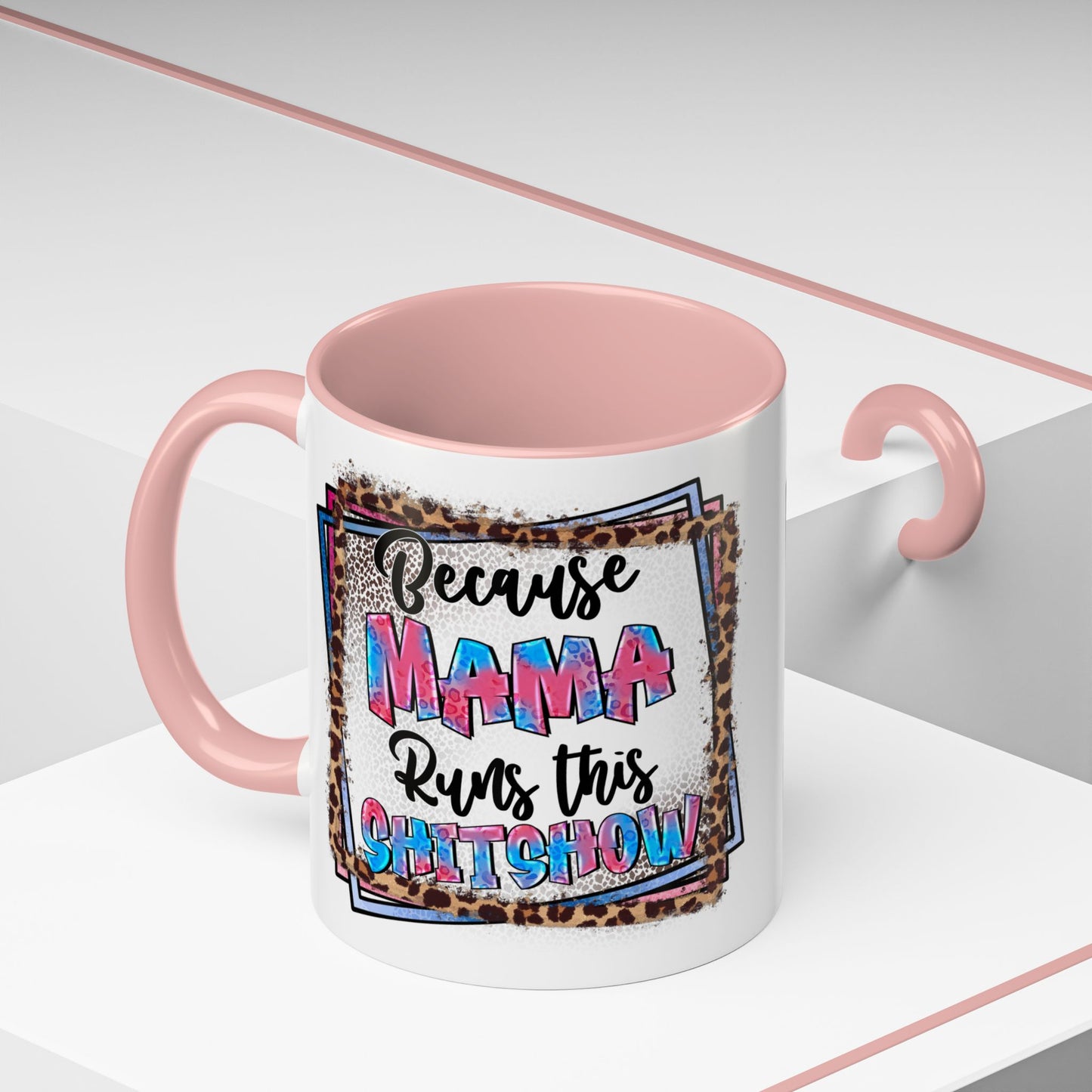 Mama Runs This Shitshow Accent Coffee Mug — Leopard & Watercolor Mom Gift (11/15oz)