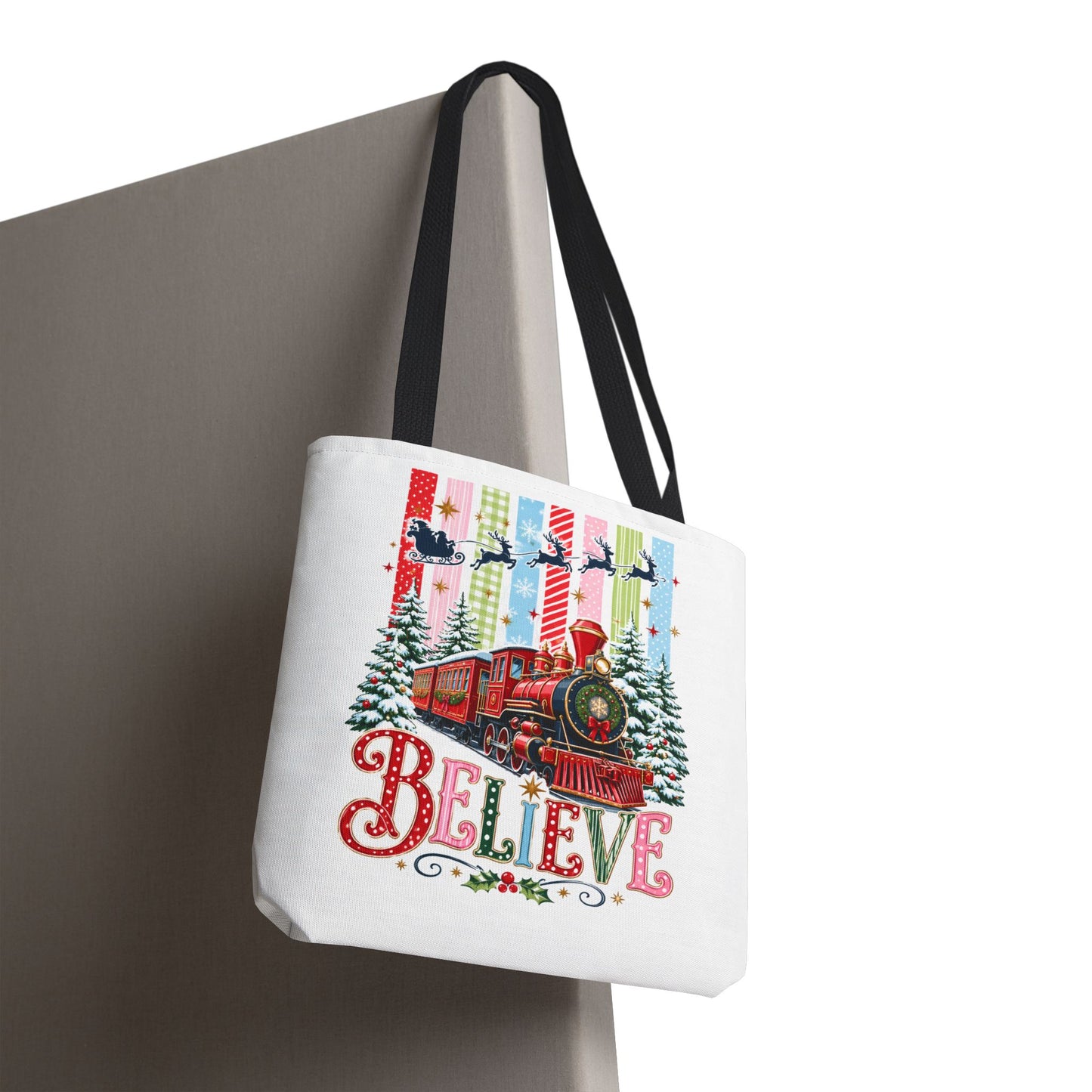 Believe Christmas Tote Bag — Vintage Holiday Train Gift Tote