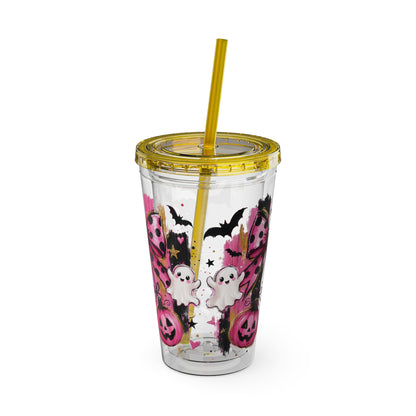 Halloween Pink Ghost Tumbler with Straw — 16oz Cute Pumpkin & Bow Drink Cup
