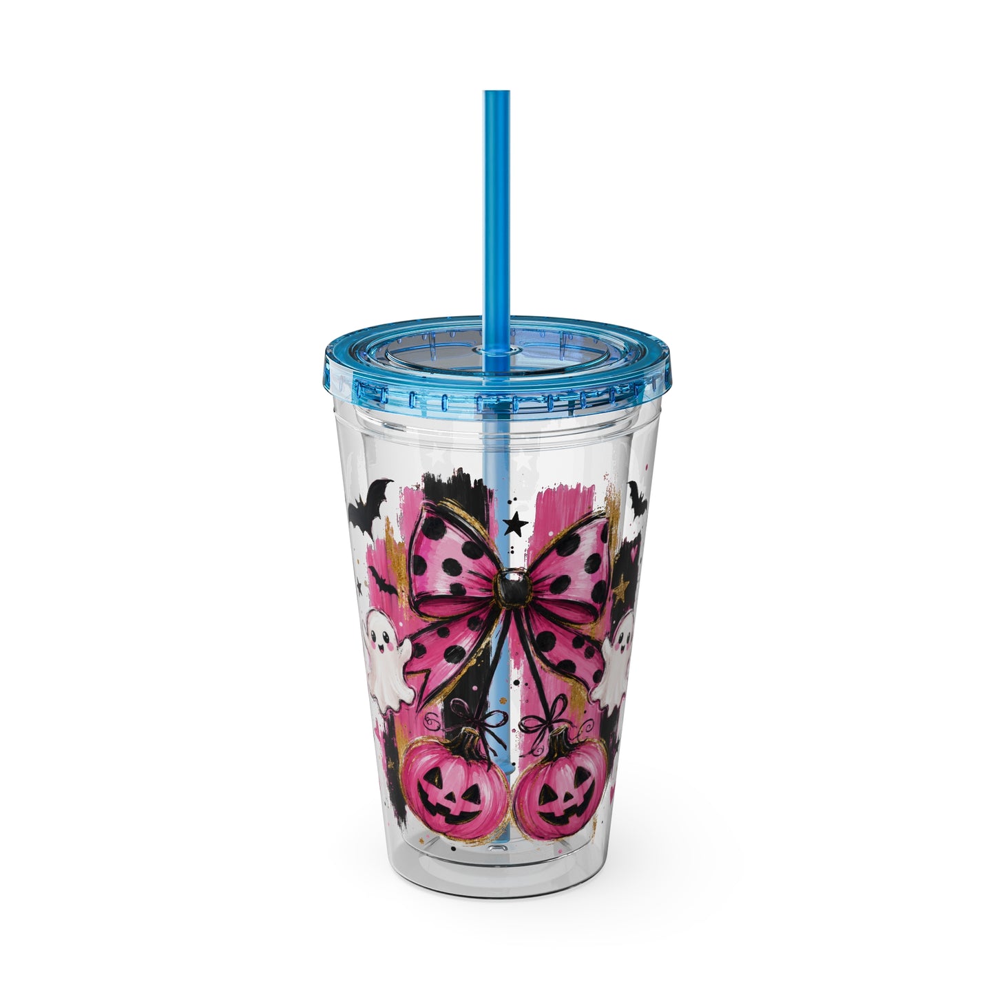 Halloween Pink Ghost Tumbler with Straw — 16oz Cute Pumpkin & Bow Drink Cup