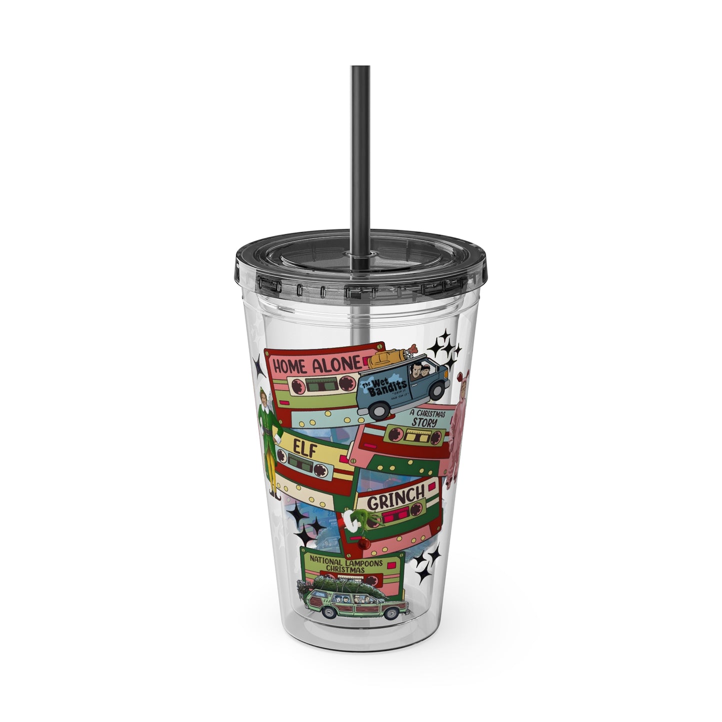 Holiday Movie Vans 16oz Tumbler with Straw – Christmas Classics Design (Home Alone, Elf, Grinch)