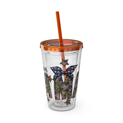 Patriotic Mama 16oz Tumbler with Straw — All American Floral Flag Design