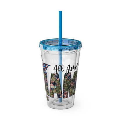 Patriotic Mama 16oz Tumbler with Straw — All American Floral Flag Design