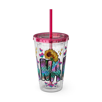 16oz Sunsplash Tumbler with Straw — Floral 'Because I Am' Colorful Sunflower Design