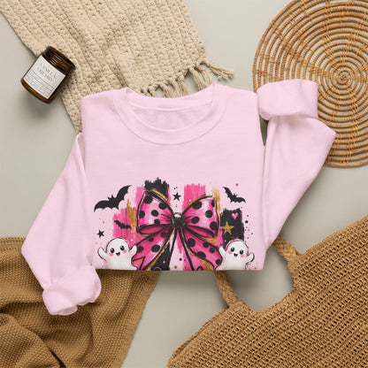 Halloween Pink Pumpkin Crewneck Sweatshirt — Cute Ghosts & Bow Graphic
