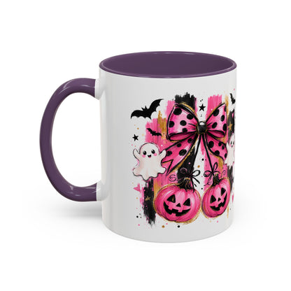 Halloween Pink Pumpkin Coffee Mug — Cute Ghosts & Bow Accent Mug (11/15oz)