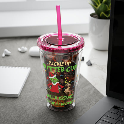 16oz Tumbler with Straw — 'Buckle Up Buttercup' Grinch Holiday Travel Cup