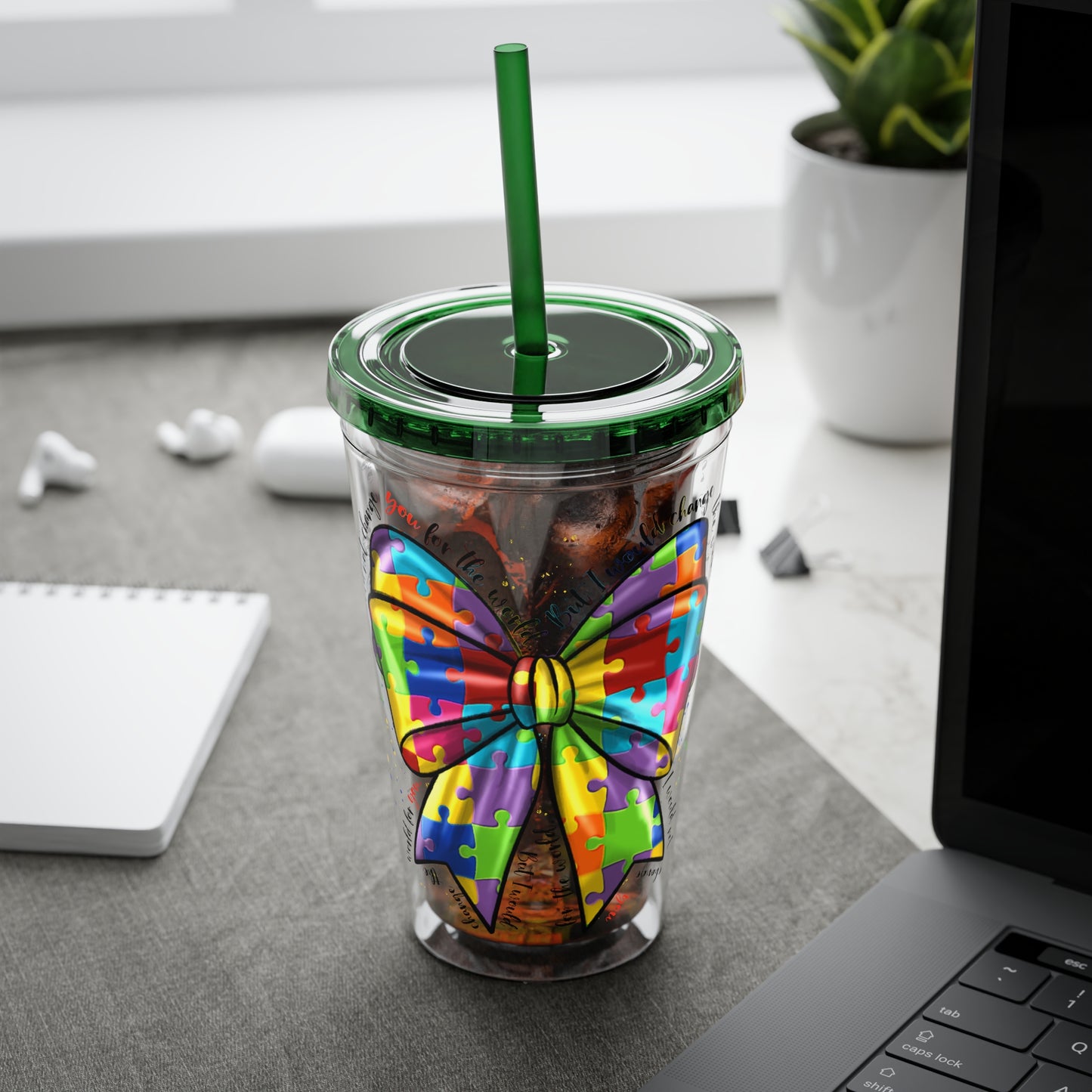 Autism Awareness Rainbow Puzzle Bow Tumbler with Straw, 16oz