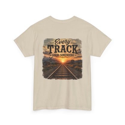 "Every Track Leads Somewhere" Sunset Railroad Graphic Tee