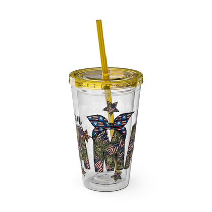 Patriotic Mama 16oz Tumbler with Straw — All American Floral Flag Design