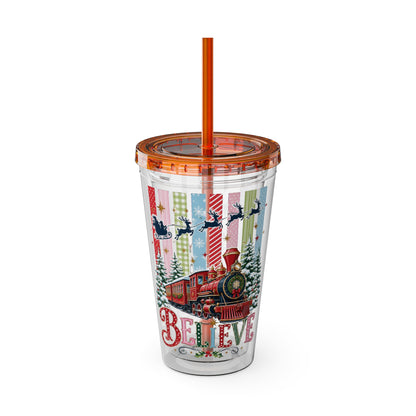 Believe Holiday Tumbler — Christmas Train 16oz Straw Cup