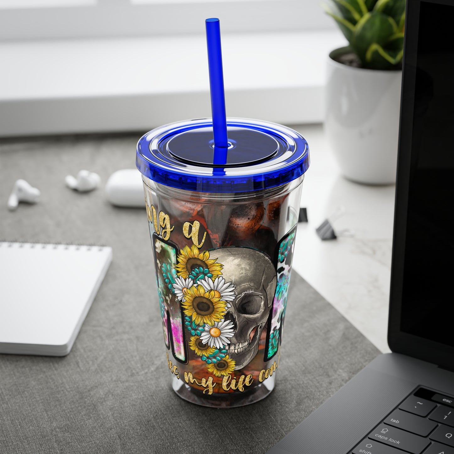 16oz Tumbler with Straw - "Being You" Floral Skull Cold Drink Cup Sunsplash Skull & Sunflower
