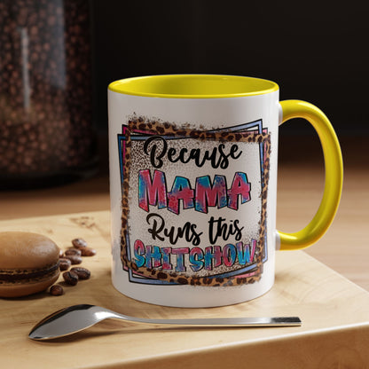Mama Runs This Shitshow Accent Coffee Mug — Leopard & Watercolor Mom Gift (11/15oz)