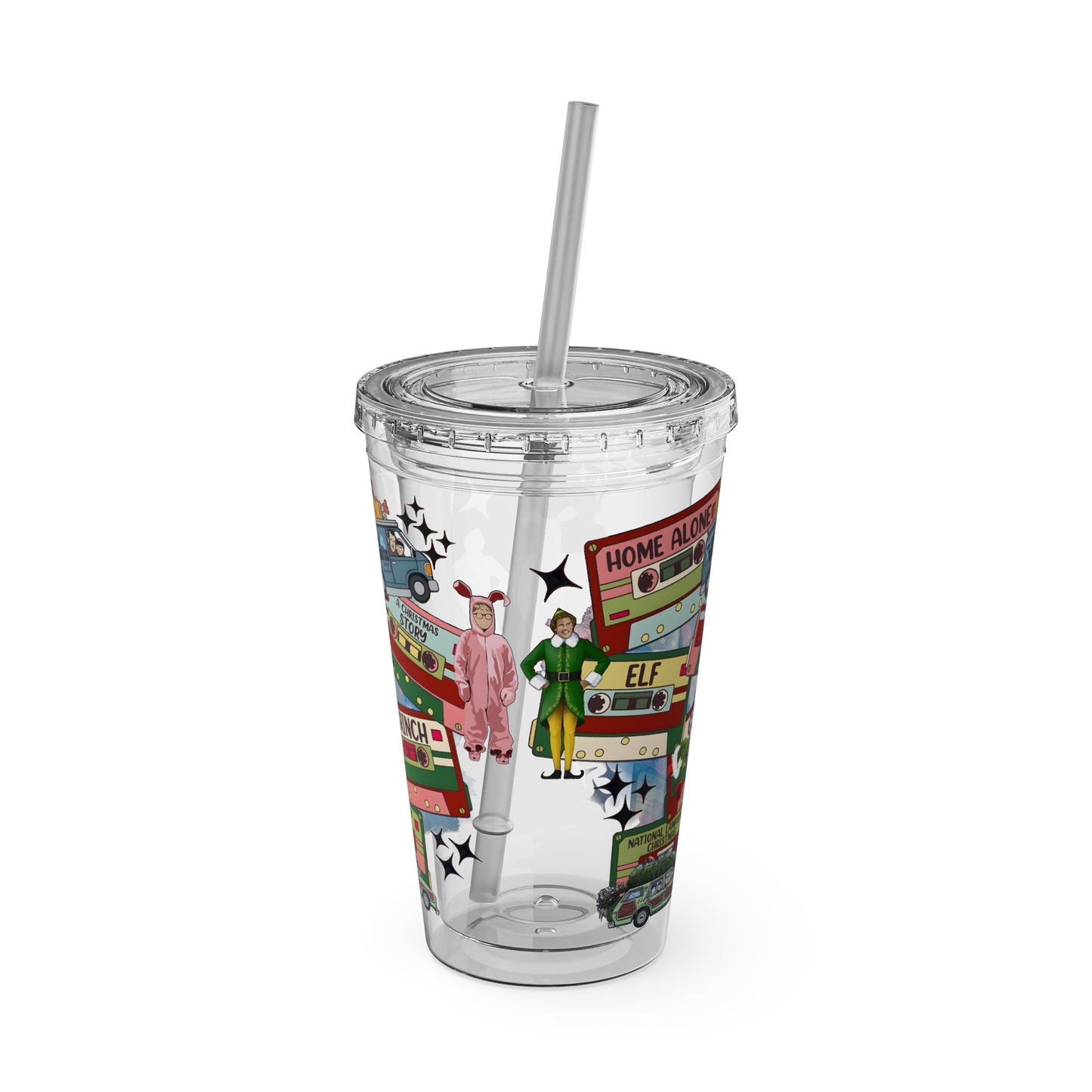 Holiday Movie Vans 16oz Tumbler with Straw – Christmas Classics Design (Home Alone, Elf, Grinch)