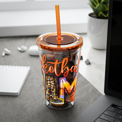 Basketball Mom 16oz Tumbler with Straw — Leopard & Plaid Sunsplash Design