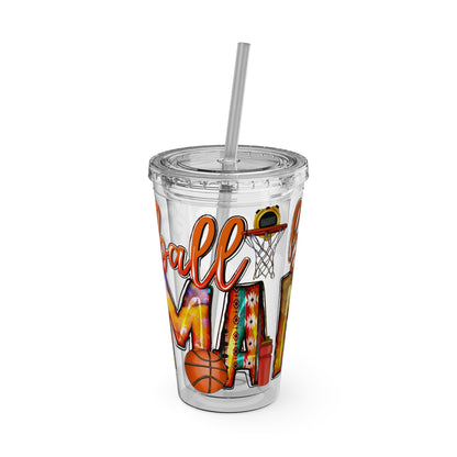 Basketball Mom 16oz Tumbler with Straw — Leopard & Plaid Sunsplash Design