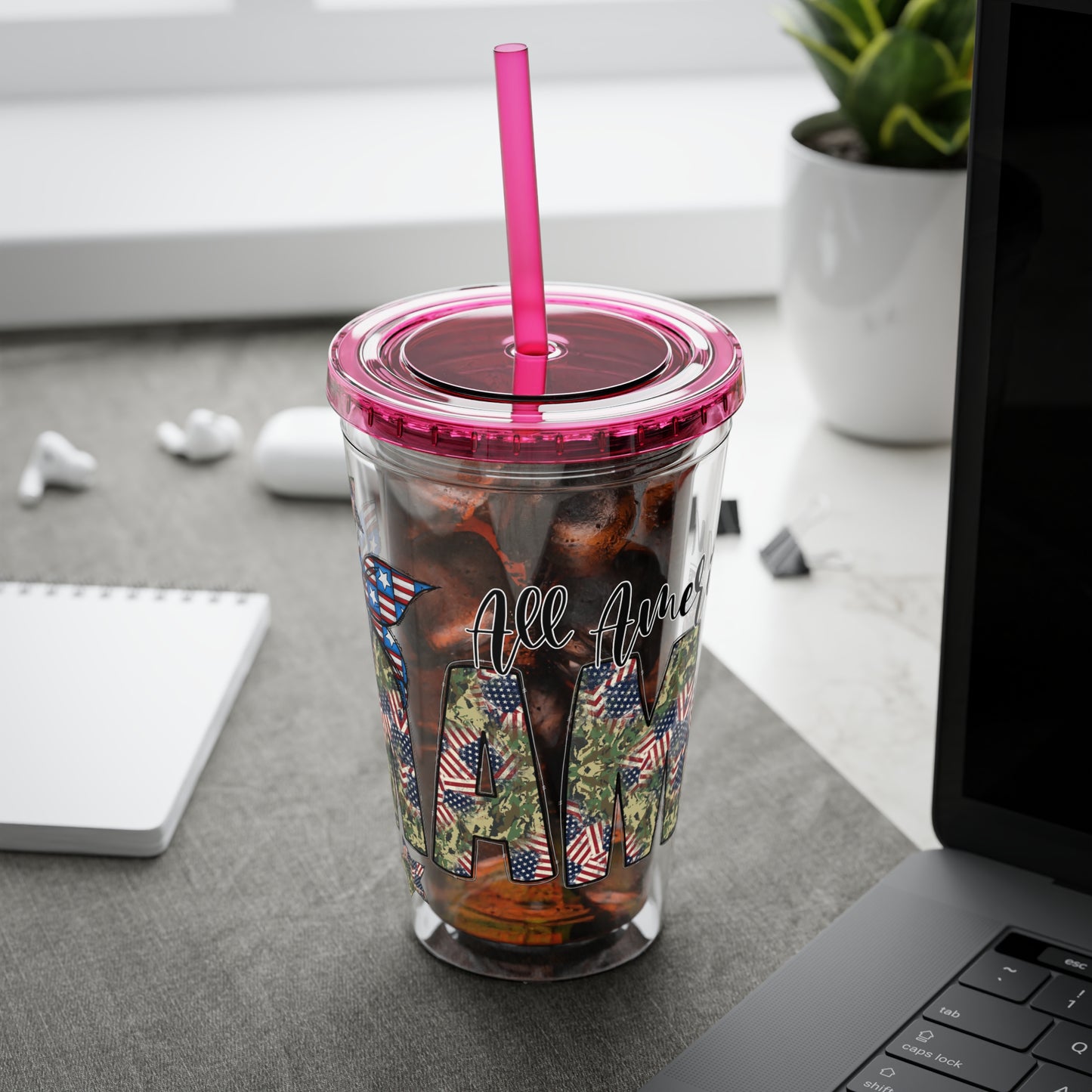 Patriotic Mama 16oz Tumbler with Straw — All American Floral Flag Design
