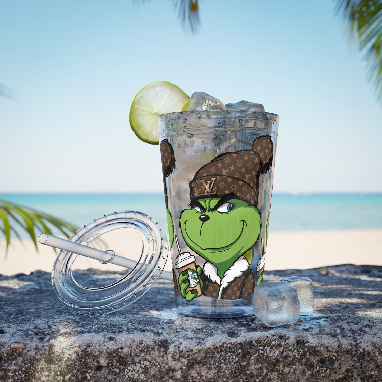 16oz Tumbler — Grinch in Designer Beanie Clear Straw Cup