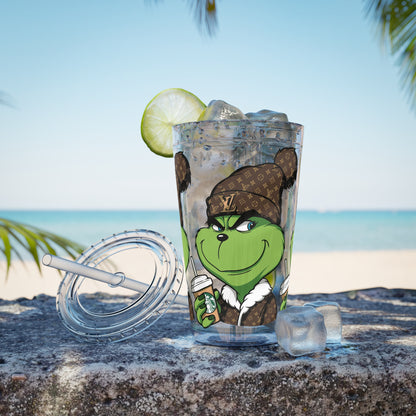16oz Tumbler — Grinch in Designer Beanie Clear Straw Cup