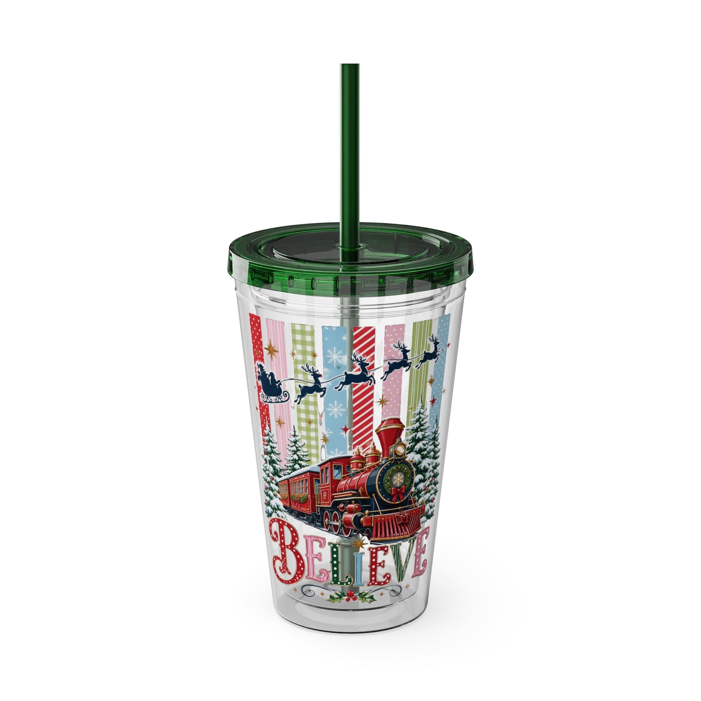 Believe Holiday Tumbler — Christmas Train 16oz Straw Cup