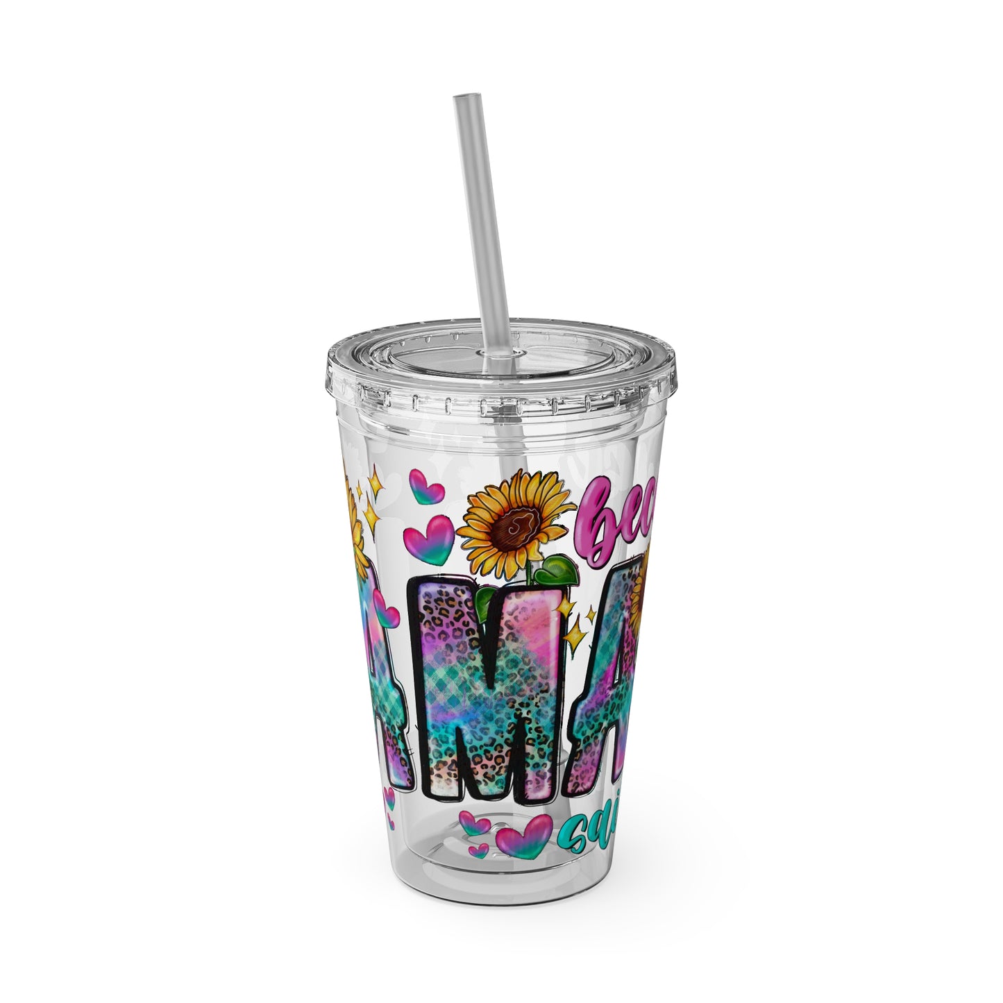 16oz Sunsplash Tumbler with Straw — Floral 'Because I Am' Colorful Sunflower Design