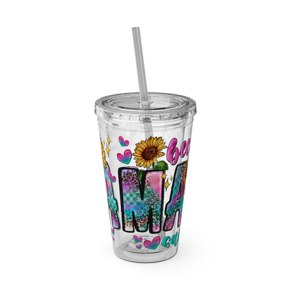 16oz Sunsplash Tumbler with Straw — Floral 'Because I Am' Colorful Sunflower Design