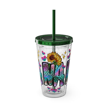 16oz Sunsplash Tumbler with Straw — Floral 'Because I Am' Colorful Sunflower Design
