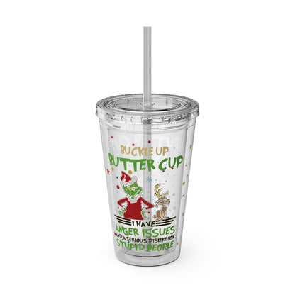 16oz Tumbler with Straw — 'Buckle Up Buttercup' Grinch Holiday Travel Cup