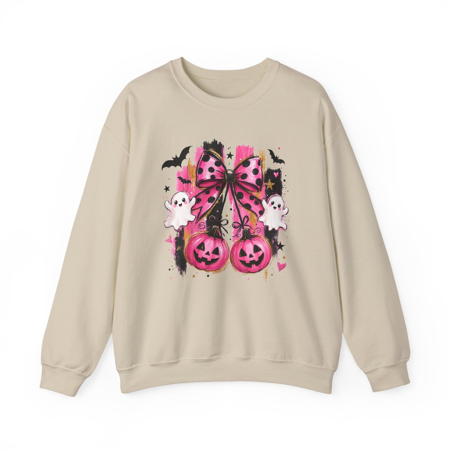 Halloween Pink Pumpkin Crewneck Sweatshirt — Cute Ghosts & Bow Graphic