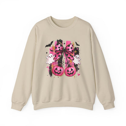 Halloween Pink Pumpkin Crewneck Sweatshirt — Cute Ghosts & Bow Graphic