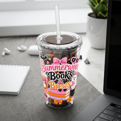 Summerween Books & Brews Tumbler — 16oz Straw Cup for Book Lovers