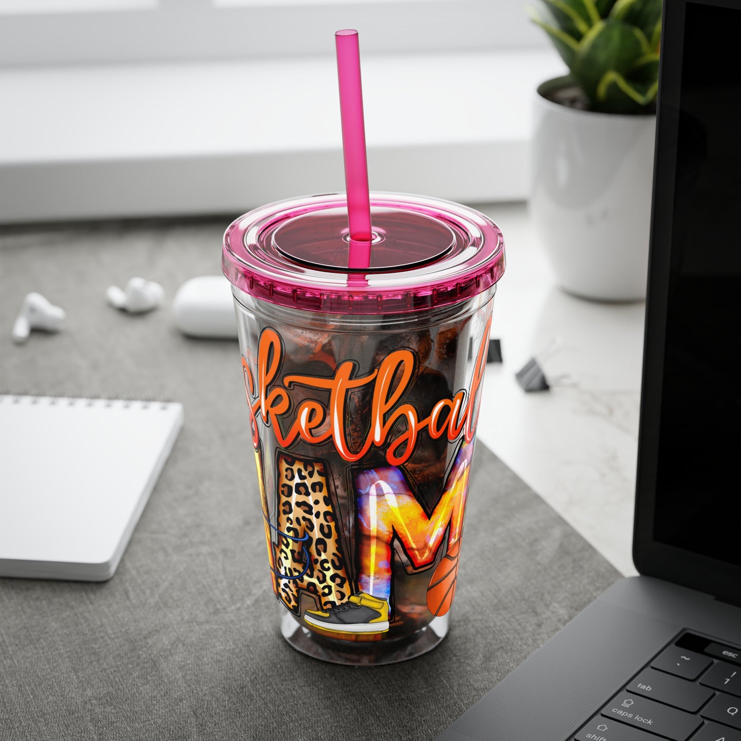 Basketball Mom 16oz Tumbler with Straw — Leopard & Plaid Sunsplash Design