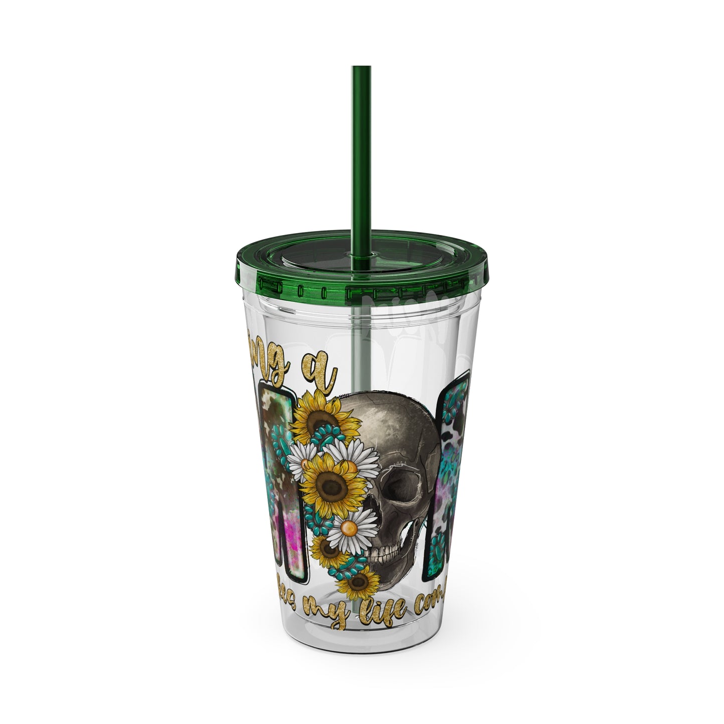 16oz Tumbler with Straw - "Being You" Floral Skull Cold Drink Cup Sunsplash Skull & Sunflower