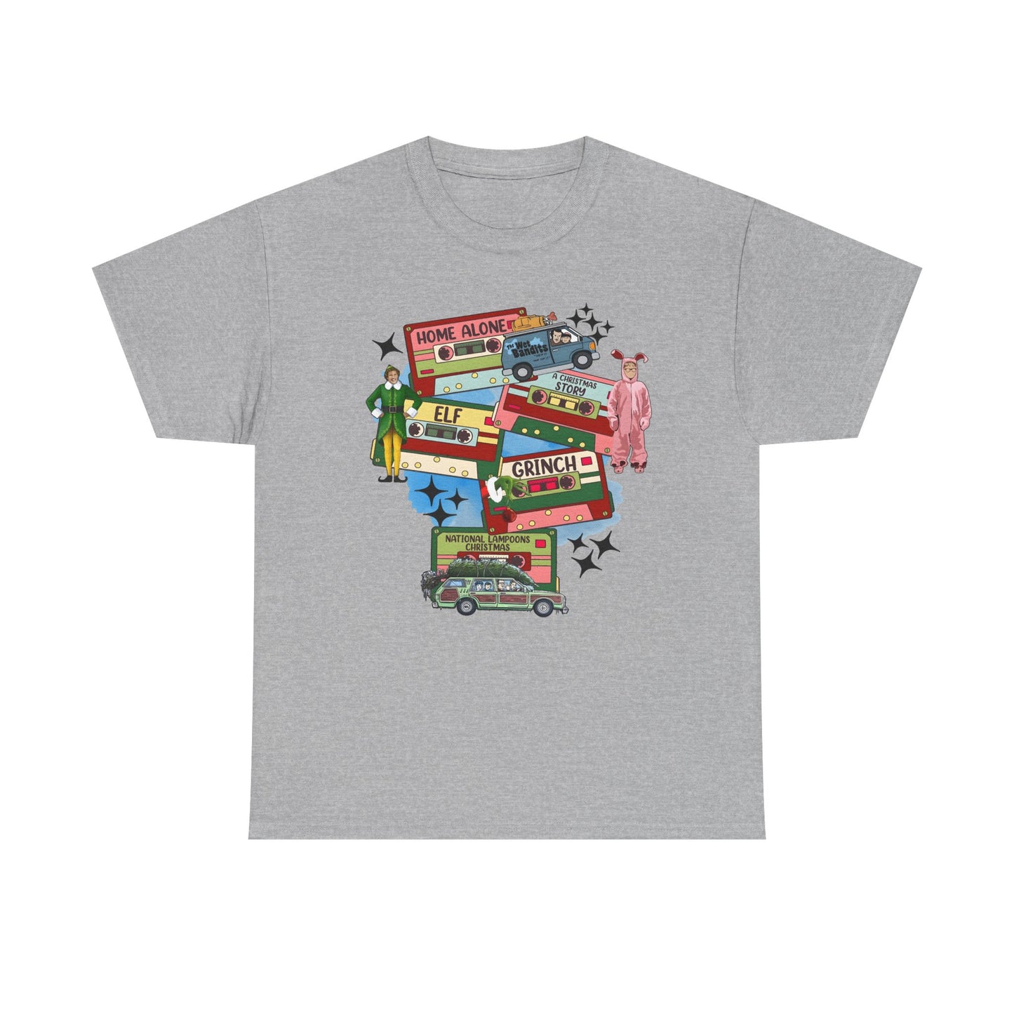 Retro Holiday Movie Stack T-Shirt — Elf, Grinch & Classic Christmas Cars Graphic Tee