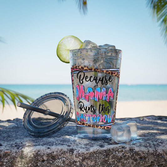 16oz Tumbler — "Because Mama Runs This Sh*tshow" Leopard Print Straw Cup
