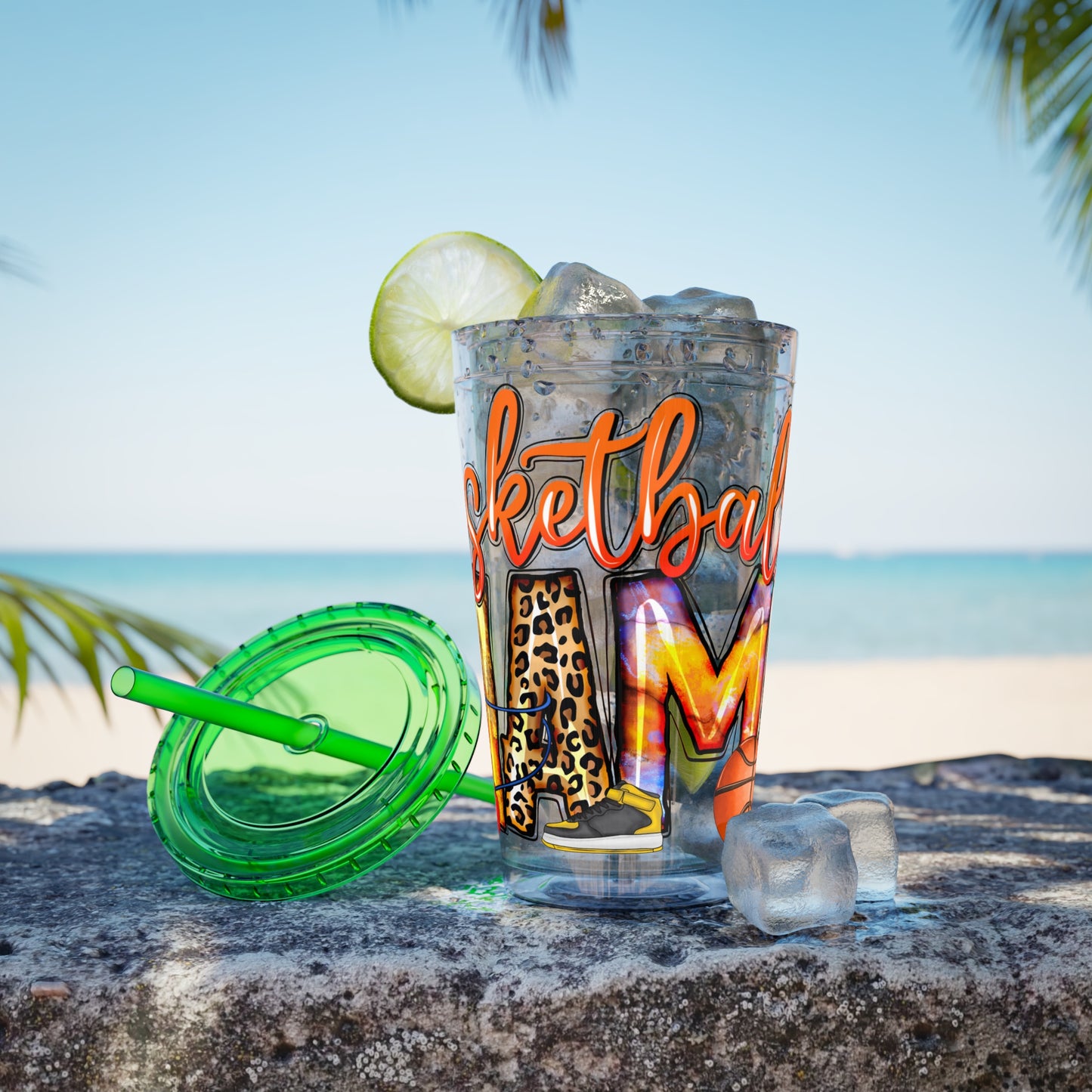 Basketball Mom 16oz Tumbler with Straw — Leopard & Plaid Sunsplash Design