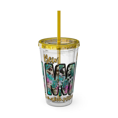 16oz Tumbler with Straw - "Being You" Floral Skull Cold Drink Cup Sunsplash Skull & Sunflower