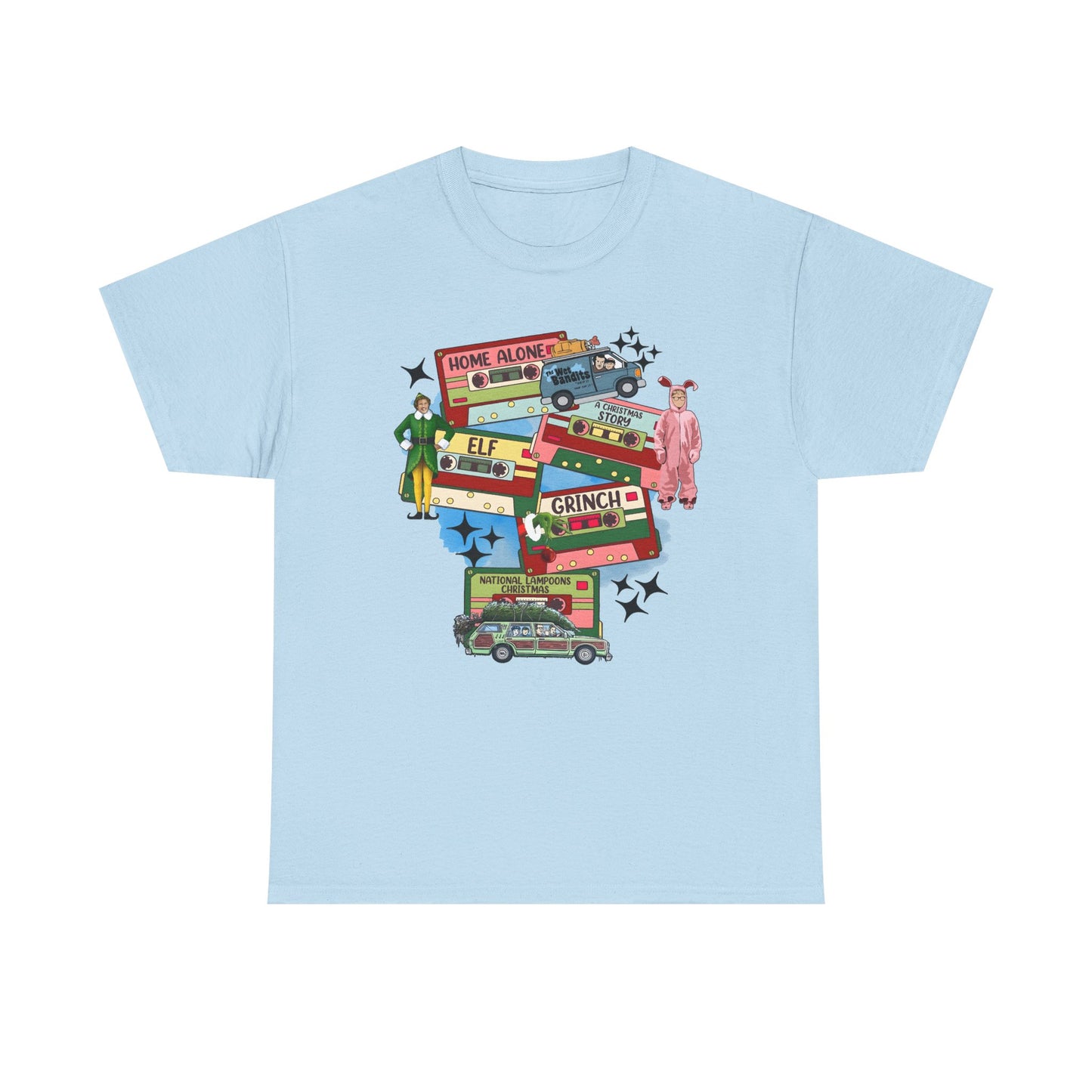 Retro Holiday Movie Stack T-Shirt — Elf, Grinch & Classic Christmas Cars Graphic Tee