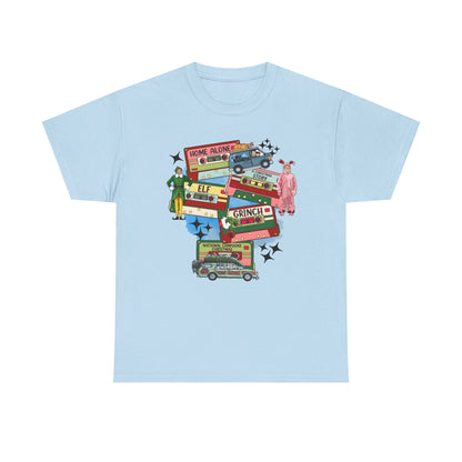 Retro Holiday Movie Stack T-Shirt — Elf, Grinch & Classic Christmas Cars Graphic Tee