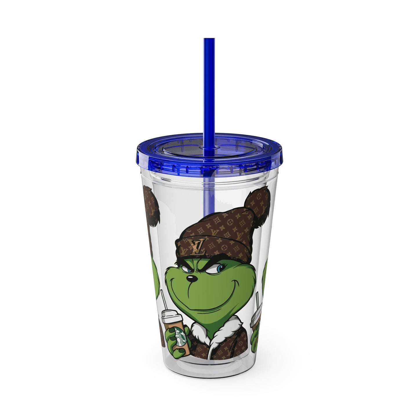 16oz Tumbler — Grinch in Designer Beanie Clear Straw Cup