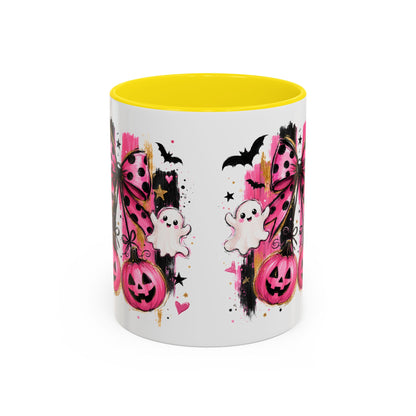 Halloween Pink Pumpkin Coffee Mug — Cute Ghosts & Bow Accent Mug (11/15oz)