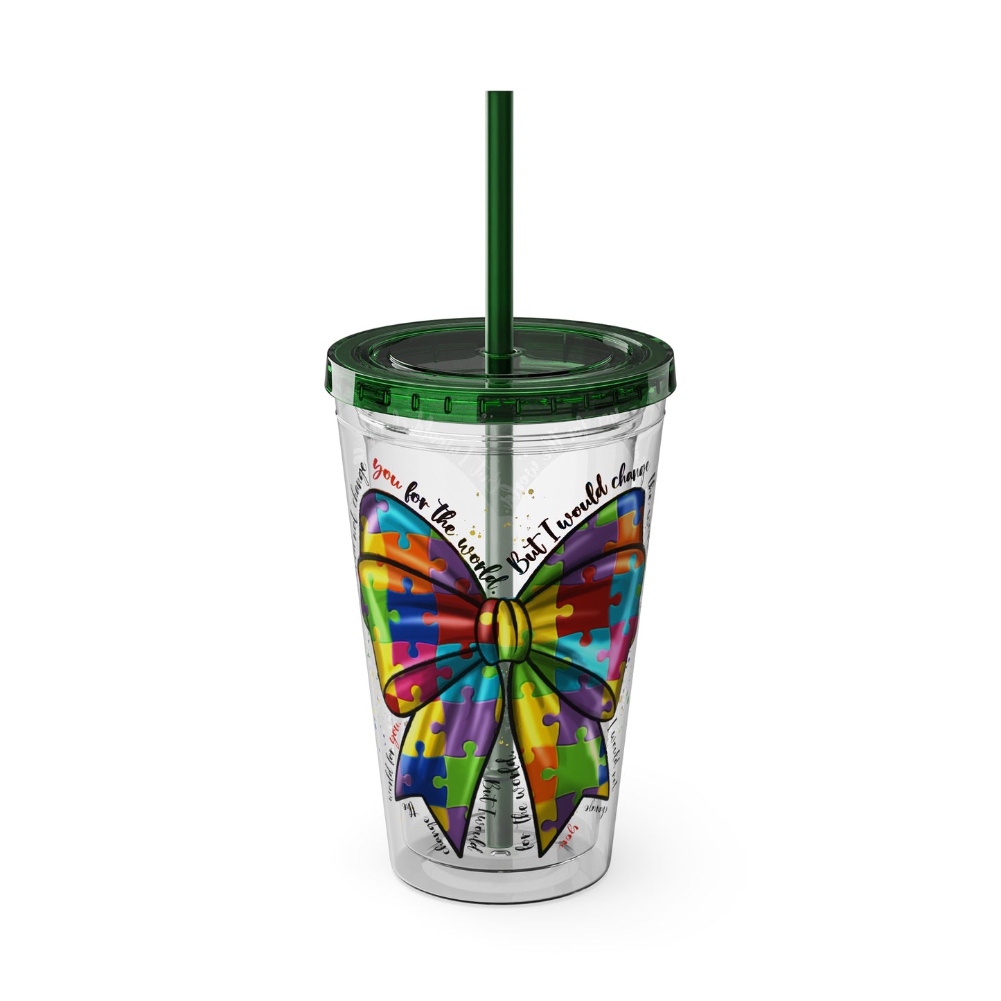 Autism Awareness Rainbow Puzzle Bow Tumbler with Straw, 16oz