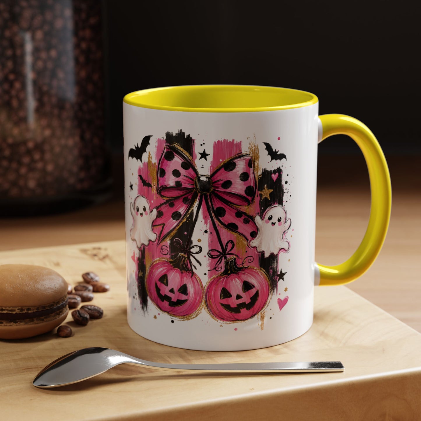 Halloween Pink Pumpkin Coffee Mug — Cute Ghosts & Bow Accent Mug (11/15oz)