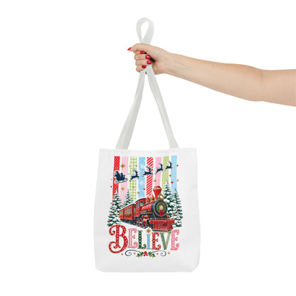 Believe Christmas Tote Bag — Vintage Holiday Train Gift Tote