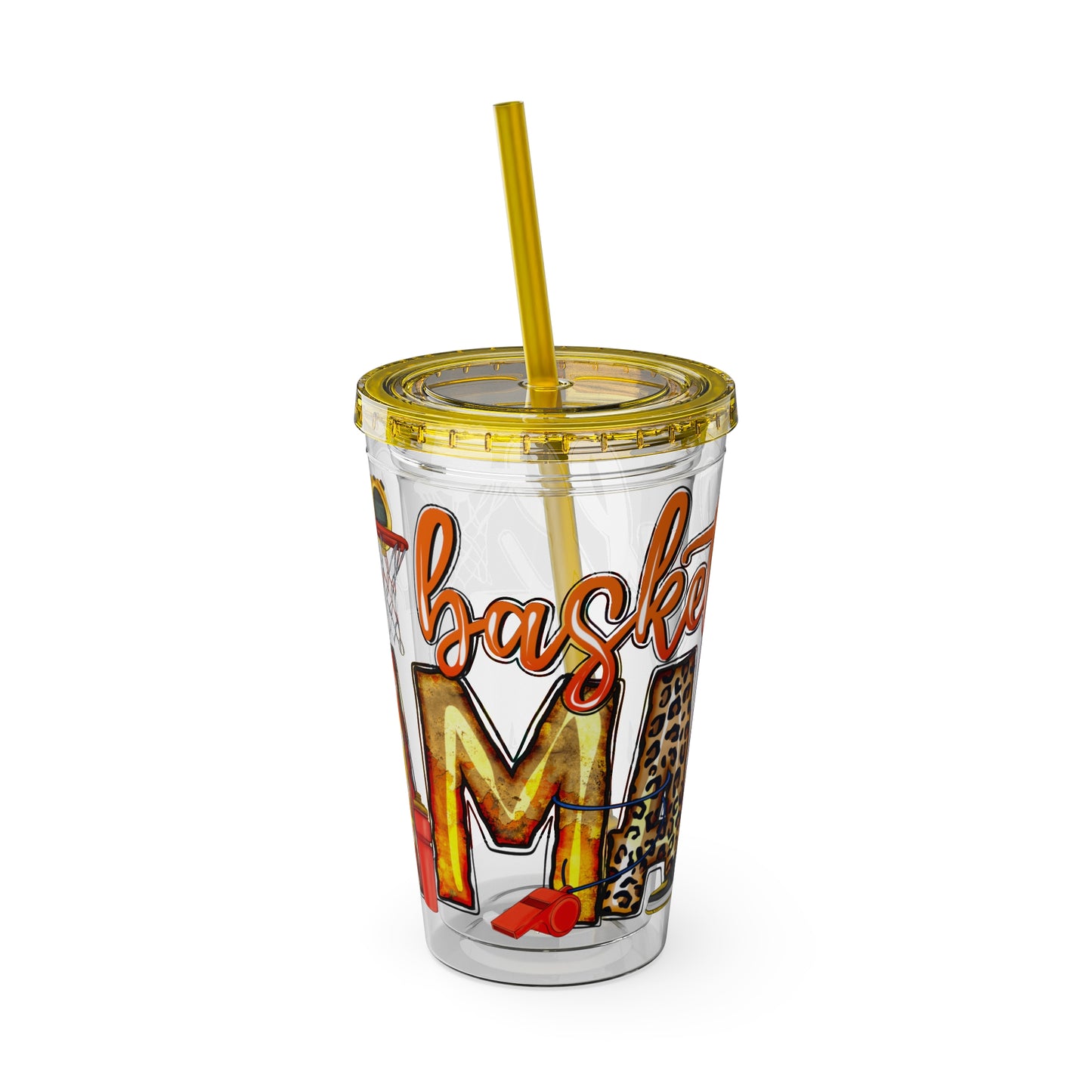 Basketball Mom 16oz Tumbler with Straw — Leopard & Plaid Sunsplash Design