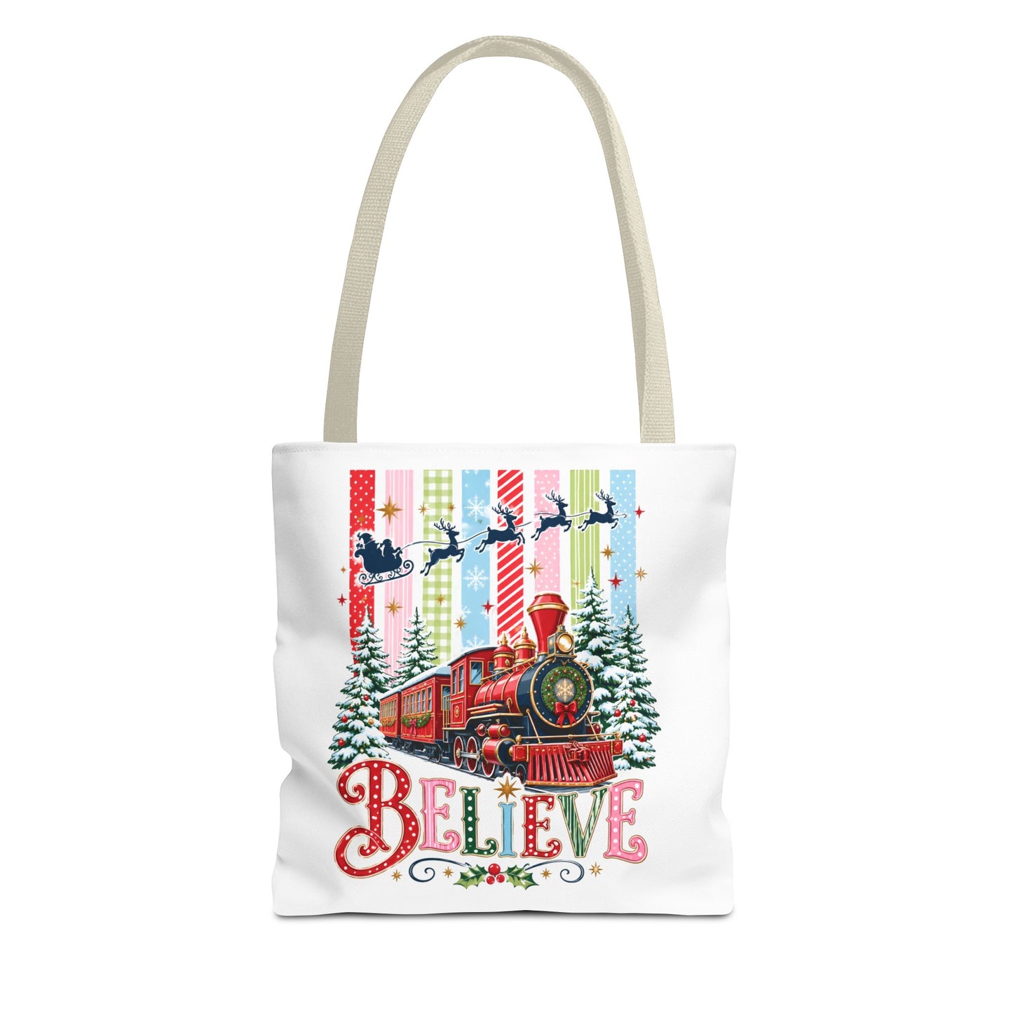 Believe Christmas Tote Bag — Vintage Holiday Train Gift Tote
