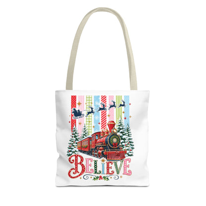 Believe Christmas Tote Bag — Vintage Holiday Train Gift Tote
