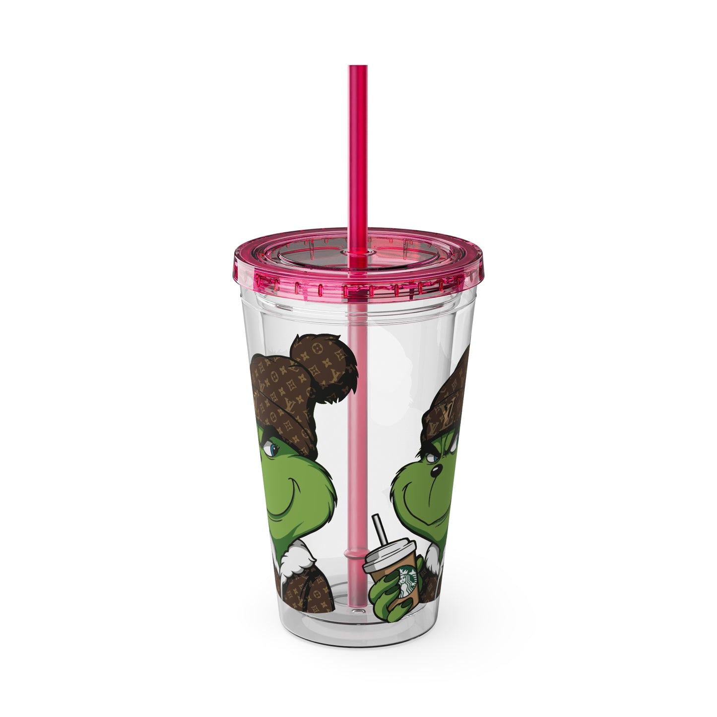 16oz Tumbler — Grinch in Designer Beanie Clear Straw Cup